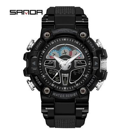 Sanda Creative Metal Dial Multifunctional Sports Waterproof Men's Watch Luxury Quartz Luminous Swim Watch BLACK WHITE