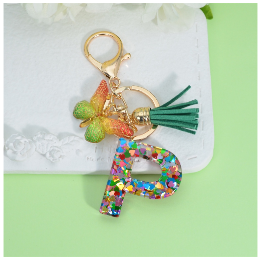 Fashion Butterfly Pendant 26 Letter Keychain Heart Sequins Filled A-Z Initial Key Chains With Tassel Bag Charms Accessories Gift P