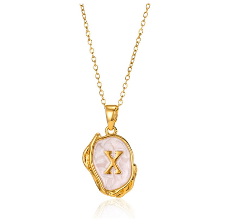 26 English Letter Necklace with Irregular Oil Drop Letters Pendant Necklace Chain in Gold X