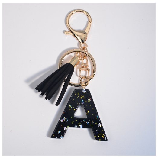 Black A-Z 26 Letter Key Chain Fashion Star Sequin Filled Initials Keyrings For Women Bag Ornaments Charm Car Key Holder Gifts A