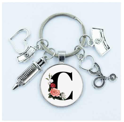 1Pcs Creative Stethoscope Syringe 26 Letter Keychains Nurse Cap Initials Metal Keyrings Bag Ornaments Charms Gifts Souvenir C