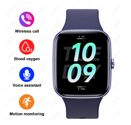 LIGE Original HD Full Touch Screen Bt Call Smart Watch Fitness Tracker Heart Rate 100+ Sports Waterproof Men's WristWatch BLUE