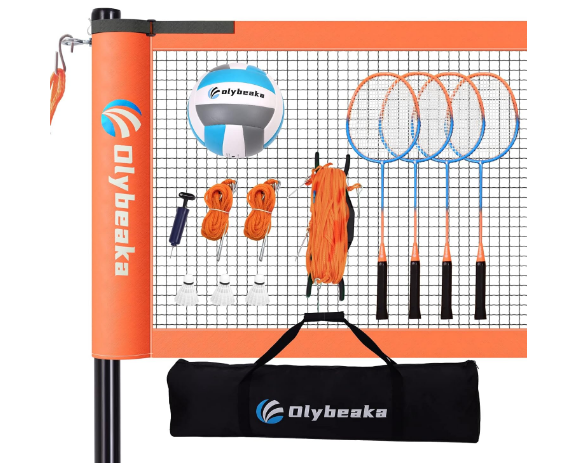 Outdoor Volleyball Badminton Combo Set with Net, Anti-Sagging Design, 4 Badminton Rackets, 3 Birdies and PU Volleyball for Backyard Lawn Beach
