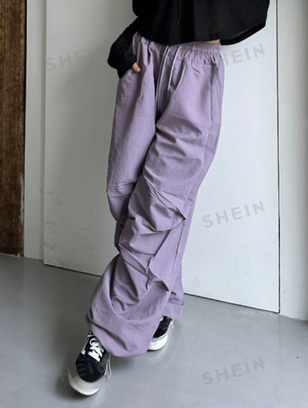DAZY Women's Street Style Loose Elastic Waist Purple Trousers With Pleats