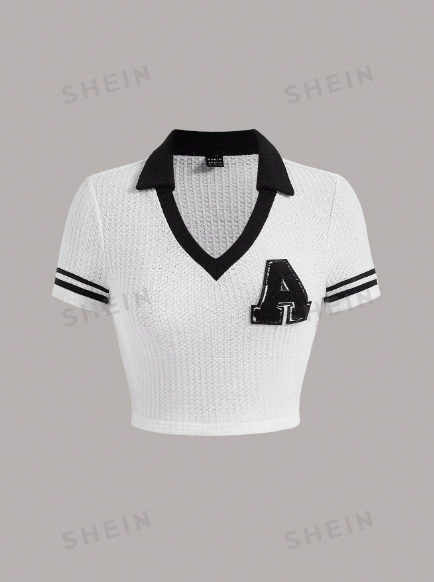 SHEIN MOD POLO Collar Short Sleeves Letter Patched Striped Trim Crop Color Contrast Tee