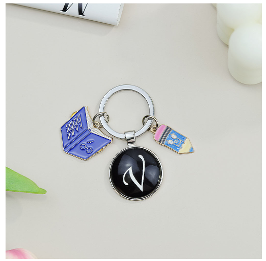 1Pcs Simple Glass 26 Letter Keychains Fashion Book Pencil A-Z Initials Keyrings Student Gifts Souvenir Handbag Pendant Ornament V