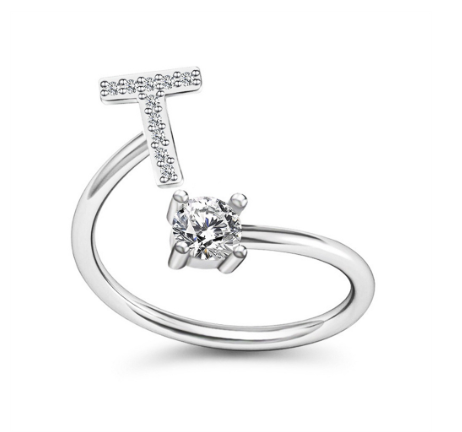 Simple Rhinestone 26 Letter Rings For Women Sliver Color Initials Adjustable Ring Opening Finger Accessories Wedding Jewelry T
