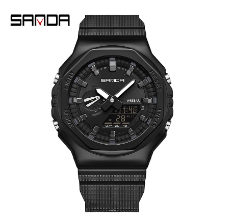 Sanda Men's Watch Luminous Multi-function Metal Luxury Fashion Men's Sports Watch FULL BLACK