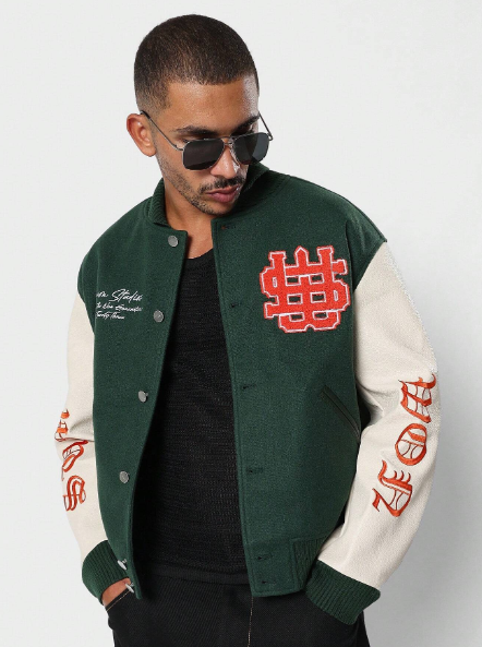 SUMWON Varsity Jackets With Contrast PU Sleeve & Embroidered Patch/Label