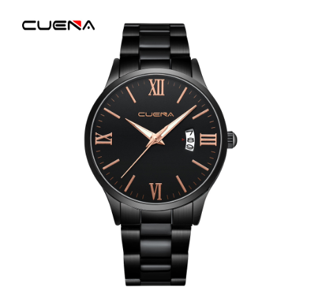 CUENA Original Brand New Men's Watch Simple Luxury Automatic Calendar Fashion Business Sports Stainless Steel Wristband Waterproof Watch ALL BLACK