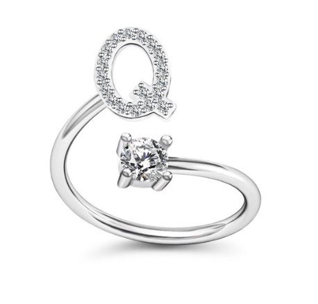Simple Rhinestone 26 Letter Rings For Women Sliver Color Initials Adjustable Ring Opening Finger Accessories Wedding Jewelry Q