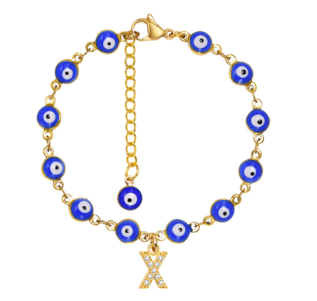 Vnox Initial Letters Evil Eye Bracelet for Women,Turkish Blue Eye Alphabet Bracelets Kabbalah Protection A-Z Jewelry
