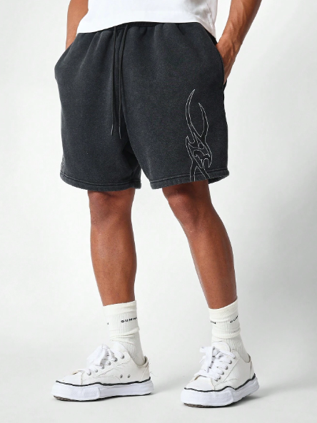 SUMWON Washed Drop Crotch Short With Graphic Print
