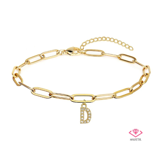 Hwetr Fashion 26 A-Z Initial Bracelet For Women Classic Zircon Letter Pendant Paper Clip Chain Bracelet Jewelry Accessories Gift D