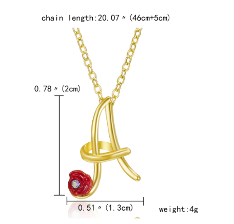 Fashion 26 Letter Necklace Ladies Red Rose Flower Clavicle Pendant Necklace Rhinestone Retro English Letter Necklace A