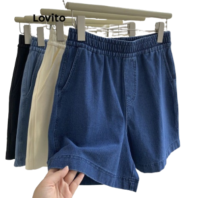 Lovito Women Lace Up Denim Shorts LNE17228 (Dark Blue)