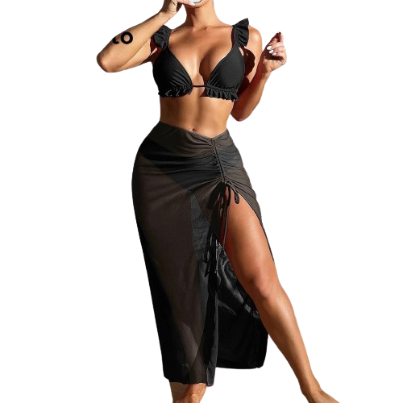 Lovito Women Sexy Plain Frill Bikini Set LNL43085 (Black)