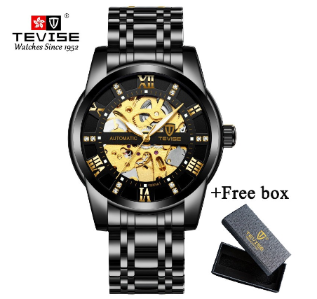TEVISE Original Watch for Men Automatic Waterproof watch relo Gold Skeleton Luxury Stainless Steel Steel leather strap Luminous 9005A 9