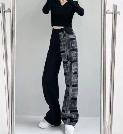 Women's High Street Pattern Patchwork Jeans New Loose Thin High Waist Drape Trend Straight Pants