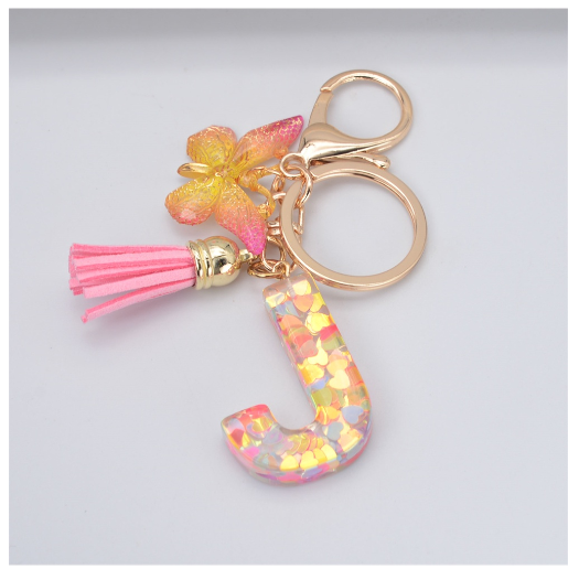 Exquisite 26 Letter Resin Keychain with Pink Tassel Gradient Butterfly Pendant Key Ring Women Bag Ornaments Accessories J
