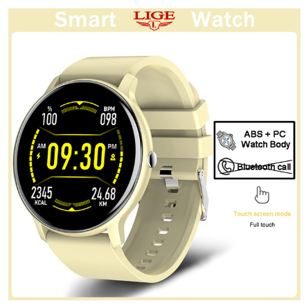 LIGE Men Full Touch Screen Sport Fitness Smart Watch IP67 Waterproof WristWatch LIGHT YELLOW