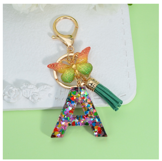 Fashion Butterfly Pendant 26 Letter Keychain Heart Sequins Filled A-Z Initial Key Chains With Tassel Bag Charms Accessories Gift A