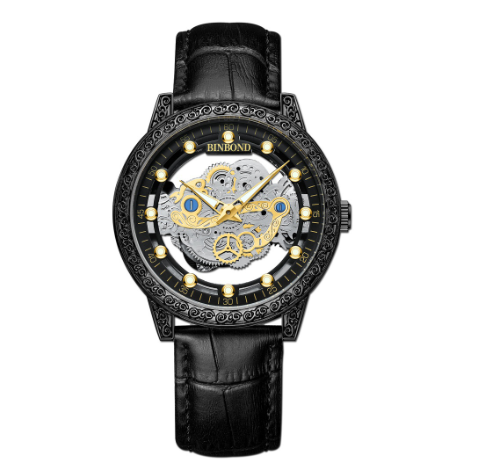 Binbond 100% Original Men's Double Hollow Fashion Stainless Steel Luxury Waterproof Gold Business Quartz Watch M6