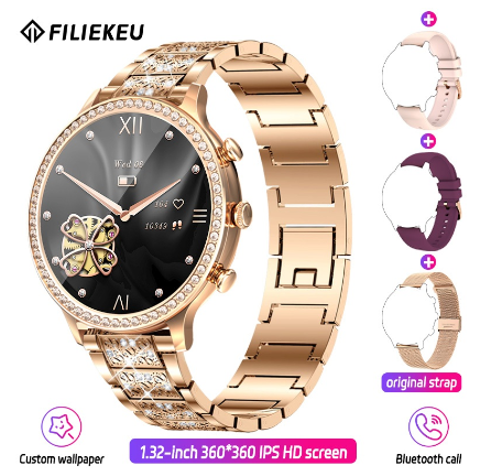 FILIEKEU Fashion Smart Watch For Women Round Delicate Diamond Dial Waterproof Sports Goddess Smartwatch ROSEGOLD STEEL STRAP