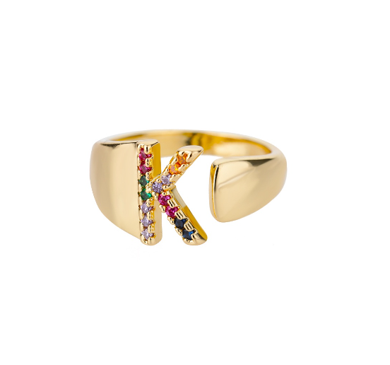 Maxzone Fashion Colorful Chunky Wide Letter A-Z Rings For Women Gold Opening Initial Letter Ring Femme Wedding Party Jewelry K