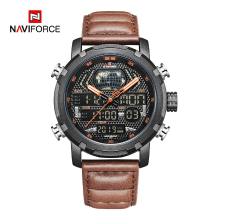 Naviforce Men Top Brand Luxury Sport Leather Strap 30M Waterproof Miliary Dual Display Wristwatch BLACK ORANGE