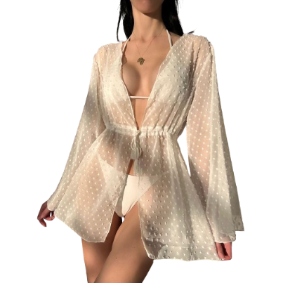 Lovito Women Boho Plain Lace Up Kimono LNL37127 (White)