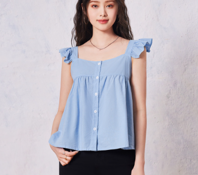 Lovito Casual Plain Button Front Ruffle Blouse for Women LNE16176 Blue