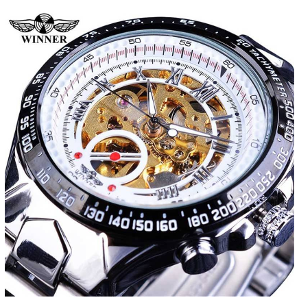 WINNER Automatic watch men Gold Luxury Stainless Steel Skeleton Mechanical Watches waterproof Luminous Watch 5