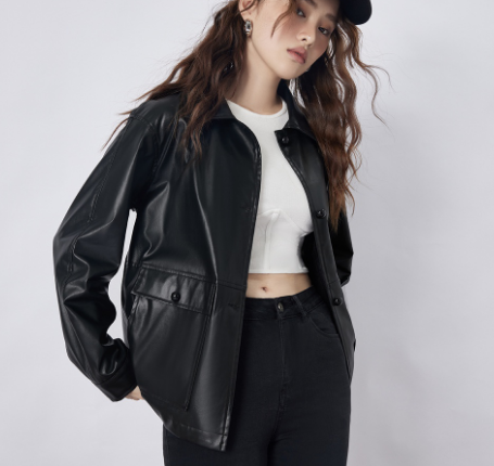 Casual Plain Button Leather Women Jacket (Black)