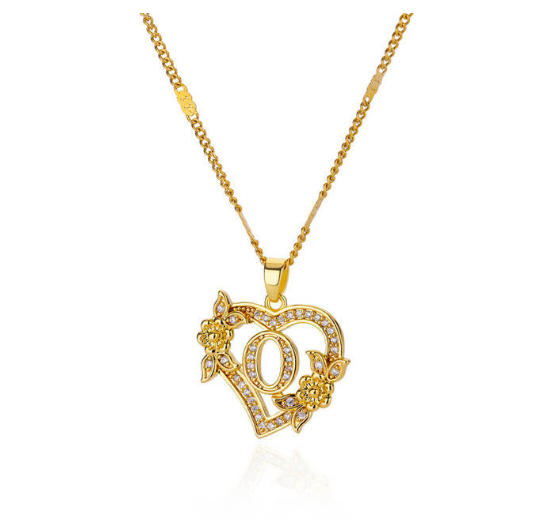 Zircon Stainless Steel Heart Flower Letter Necklaces For Women Gold Color A-Z Letter Heart Necklace O