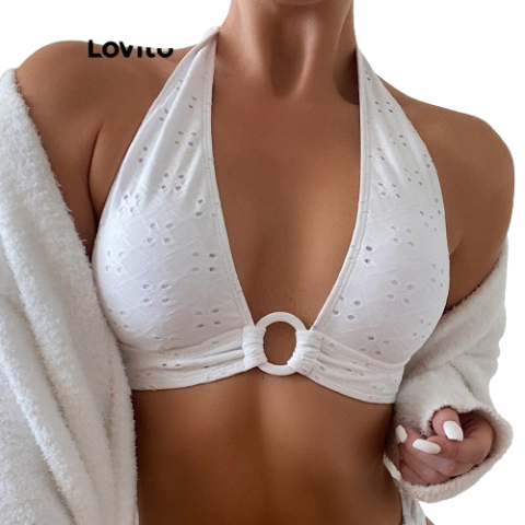 Lovito Women Sexy Plain Tie Back Ring Bikini Top LNL37128 (White)