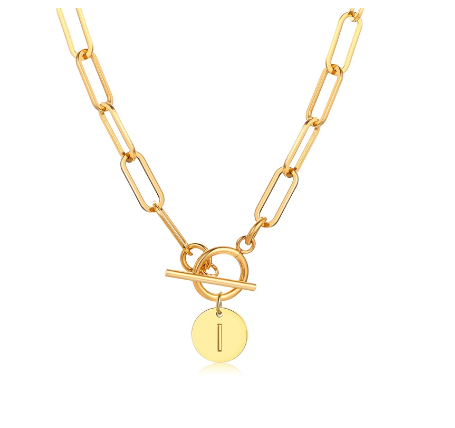 Vnox Women Stainless Steel Gold Plated Initial Pendant Necklace with Paperclip Necklace I