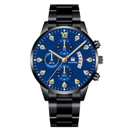 Men's Watch Men's Three Eyes Business Quartz Analog Stainless Steel Watch BLACK BLUE GOLD