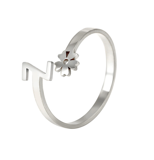 Stainless Steel A-Z Letter Ring For Women Girl Flower 26 Initial Name Adjustable Ring Trendy Birthday Jewelry Gift Z