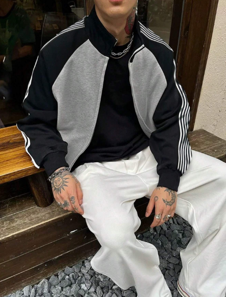 Manfinity Dauomo Men's Contrast Color Stripe Printed Baseball Collar Zip-Up Jacket