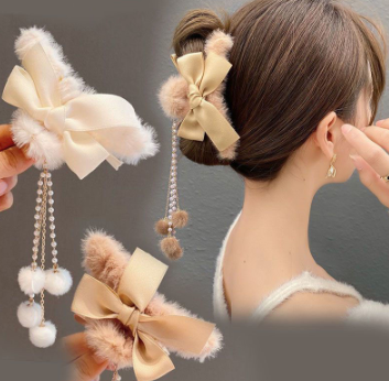 Sweet Cute Plush Bow Tassel Temperament Elegant Fashion Autumn Winter Clamp