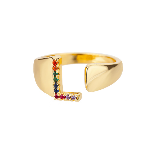 Maxzone Fashion Colorful Chunky Wide Letter A-Z Rings For Women Gold Opening Initial Letter Ring Femme Wedding Party Jewelry L