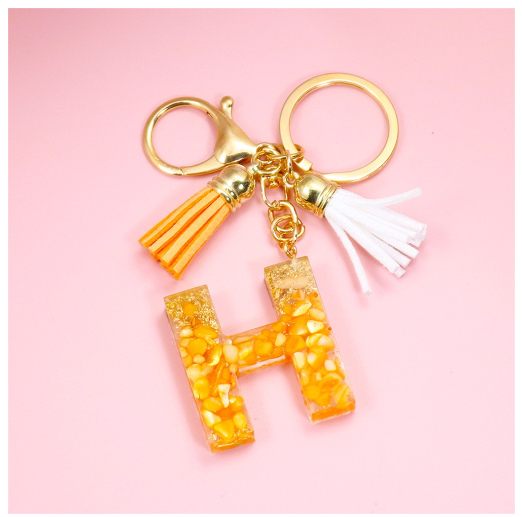 Tassel Gold Foil A-Z 26 Letter Pendent Keychain for Women Orange Resin Keyrings Girls Bag Ornamant Accessories Charms Gifts H