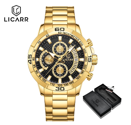 LICARR Brand Original Men's Watches Luxury Fashion Casual Chronograph Quartz Military Watch Men Waterproof 9508 GOLD BLACK