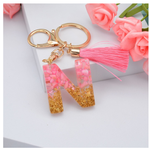 Pink Tassel Gold Foil 26 Letter Pendent Keychain for Women Resin Keyrings Girls Bag Ornamant Accessories Gifts N