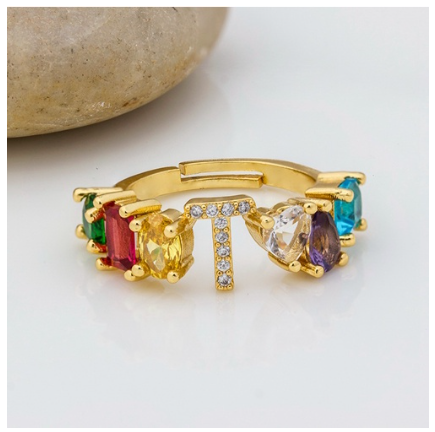 Hot Sale Adjustable A-Z 26 Initial Ring Bohemian Copper Zircon Rainbow Letter Rings for Women Girls Jewelry T