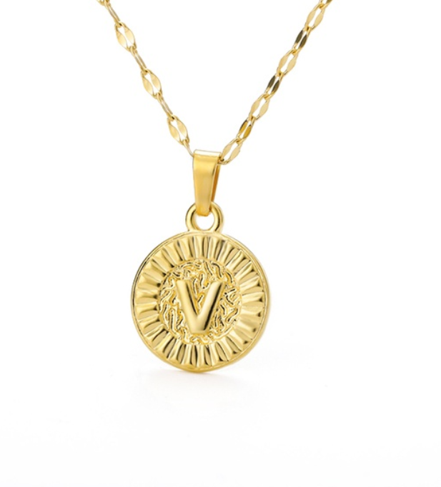 Maxzone A-Z Initial Round Letter Pendant Necklace For Women Stainless Steel Gold Choker Coin Letter Necklace V
