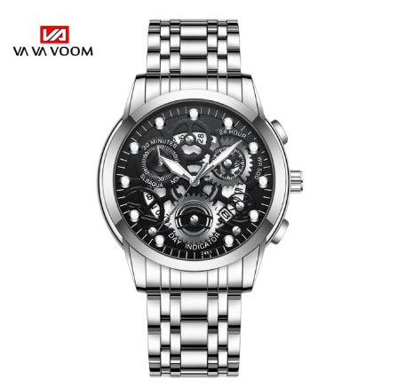 VA VA VOOM Original Watch for Men's Waterproof Stainless Steel Quartz Watches Fashion Business Date Wristwatch SILVER BLACK
