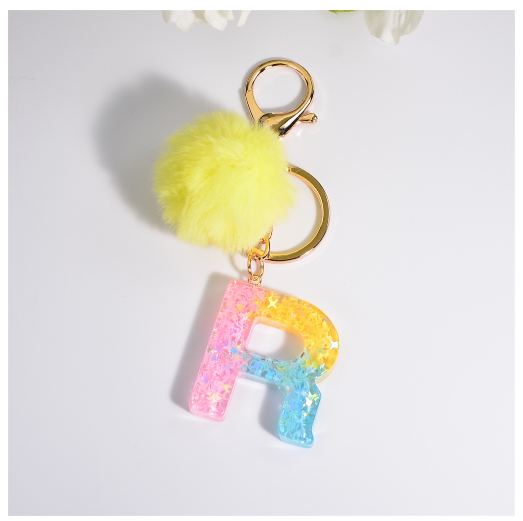 Fashion A-Z 26 Letters Iridescent Keychains Star Sequins Filling Resin Keyrings Women Bag Ornaments Exquisite Key Holder Charms R