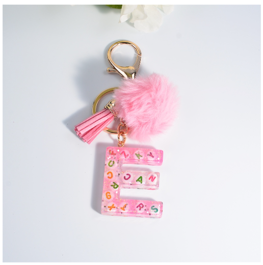 Exquisite Pink A-Z Letter Resin Keychain With Hairball 26 Initials Keyring Charms Women Bag Ornament Best Festival Gift E